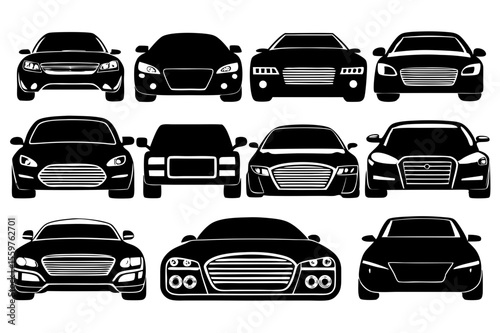 Minimalist Car Silhouettes Set – Front View Black and White Automotive Icons Collection