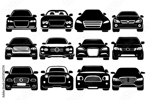 Minimalist Car Silhouettes Set – Front View Black and White Automotive Icons Collection