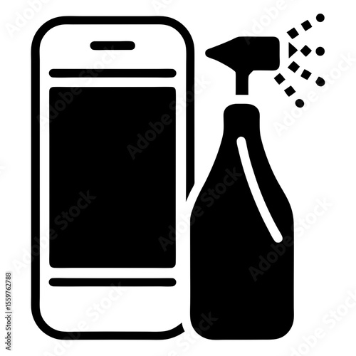 Phone with disinfectant spray bottle black and white vector