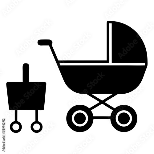 Black silhouette of baby stroller and shopping basket vector