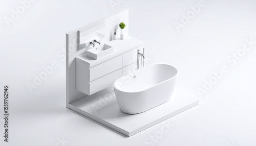 Isometric View of a Modern Minimalist White Bathroom with Freestanding Tub and Vanity