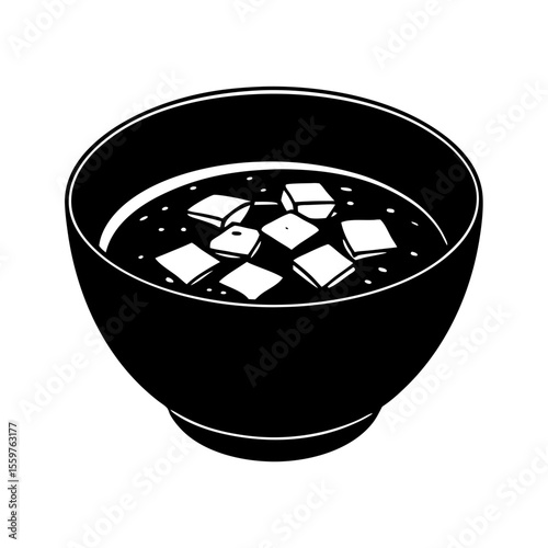 Black bowl with tofu soup monochrome illustration vector