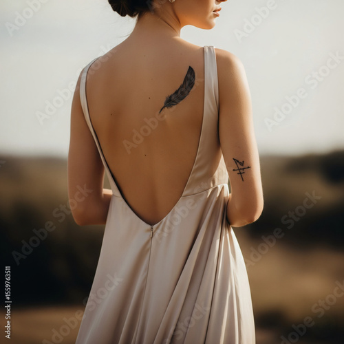 Tatouage de plume sur le dos d'une femme