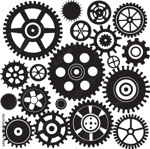 Collection of black silhouette gears with varying tooth counts
