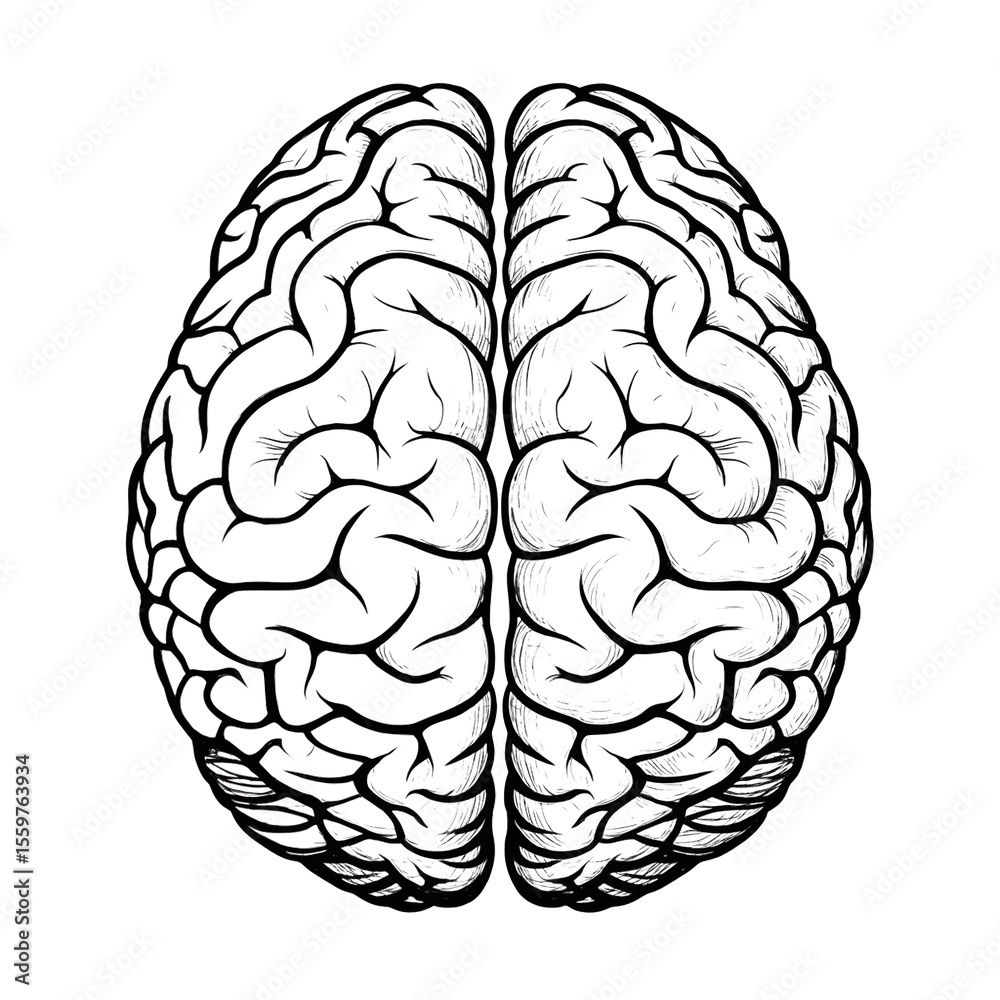 Fototapeta premium Brain Illustration White Anatomical Drawing on Transparent Background