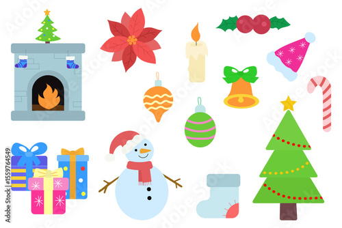 Christmas theme set isolated on a white background. Vector illustration for card, invitations and christmas decor. Christmas tree, snowman, gift box, fireplace, new year decor.