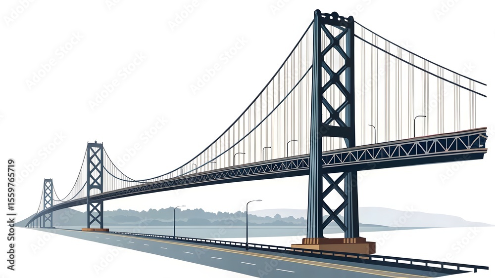 Fototapeta premium Suspension bridge illustration, Golden gate inspired bridge silhouette.