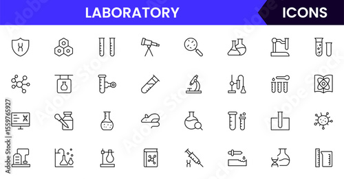 Laboratory vector web line icon collection, sleek illustrations of lab equipment, EV tech, and sustainable innovation for scientific projects.