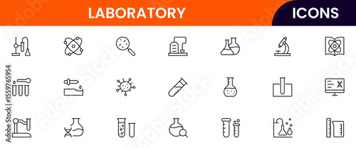 Laboratory vector web line icon collection, sleek illustrations of lab equipment, EV tech, and sustainable innovation for scientific projects.