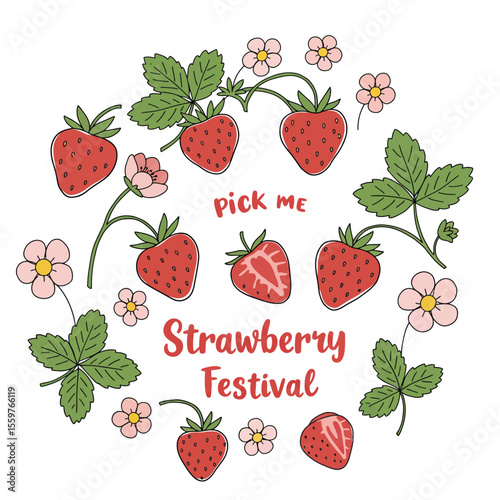 Whimsical strawberry illustration with leaves and flowers, hand-drawn style for festival and event promotion