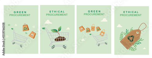 Green procurement ethical shopping banner template. Sustainable business purchasing concept poster. Eco friendly commerce. Green business. Eco procurement. Flat style. Vector illustration