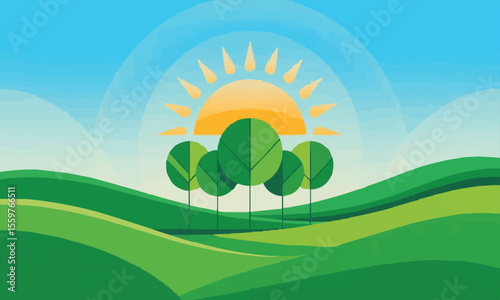 Minimal Vector Landscape with Green Hills, Blue Sky, and Sun  Eco Flat Design Background