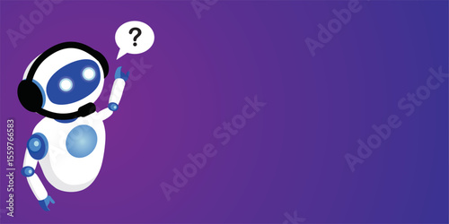 Robot chatbot with headset answering support questions flat design