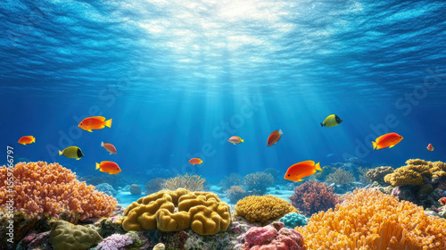 Underwater ocean scene with colorful coral reef and tropical fish illuminated by sunlight penetrating clear blue water