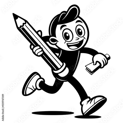 Illustration of a mascot character holding a pencil and book