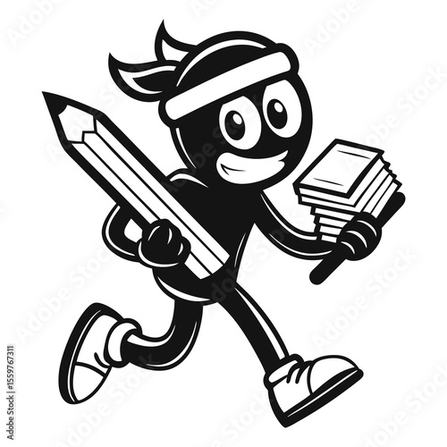 Illustration of a mascot character holding a pencil and book
