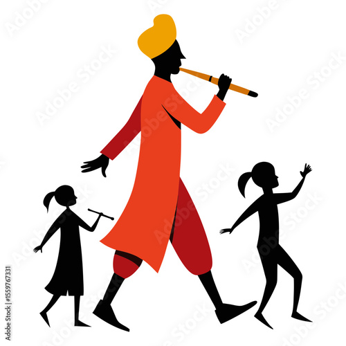 Vector illustration of a tall man playing the flute to entertain children