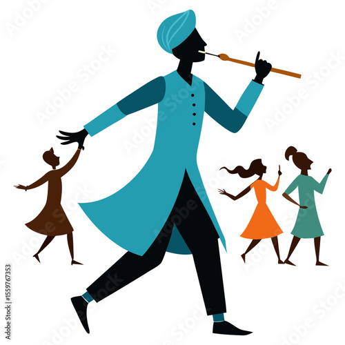 Vector illustration of a tall man playing the flute to entertain children