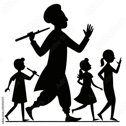 Vector illustration of a tall man playing the flute to entertain children