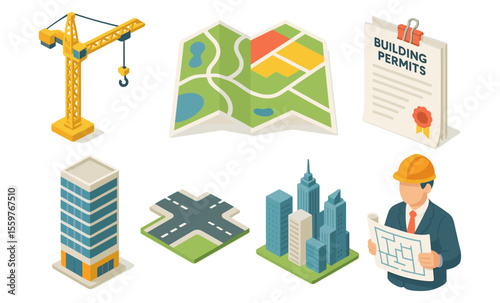 Urban planning and construction elements: map, building permits, crane, and architect designs
