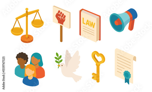 Isometric symbols of justice, equality, and peace featuring law, scales, and social unity