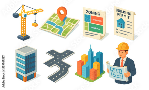 Urban planning concept with construction icons including map, builder, crane, and permits