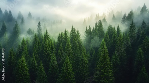 Misty Pine Forest: Aerial View of Foggy Trees