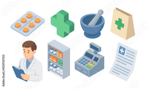 Isometric pharmacy icons: pharmacist, medications, prescription, and healthcare elements