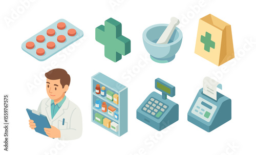 Pharmacy icons: pharmacist, medication, health services, and equipment visual set