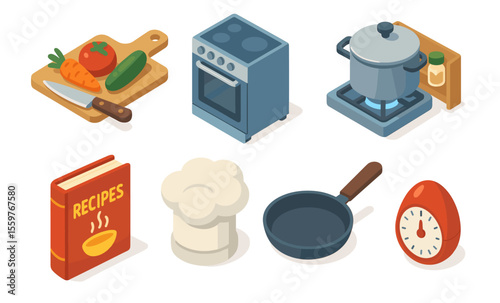 Isometric kitchen icons: cooking tools, ingredients, and appliances