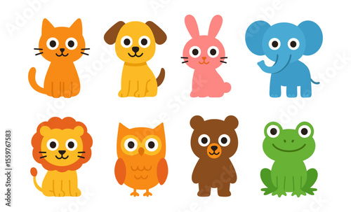 Colorful cartoon animals: cat, dog, rabbit, elephant, lion, owl, bear, frog for kids' designs