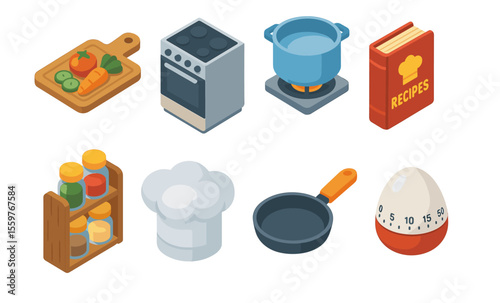 Isometric kitchen icons: cooking essentials with stove, pot, chef hat, and recipe book