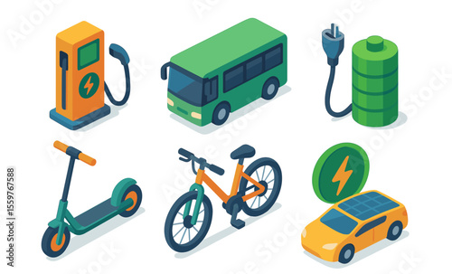 Sustainable transportation icons: electric vehicles, charging stations, and renewable energy symbols