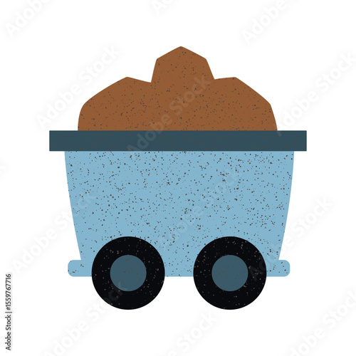Mine cart loaded with brown ore on wheels in a minimalistic design without background