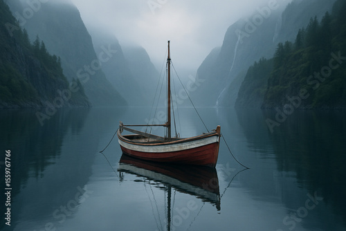 Wallpaper Mural Solitary rowboat anchored in peaceful, mist-covered Scandinavian landscape. Torontodigital.ca