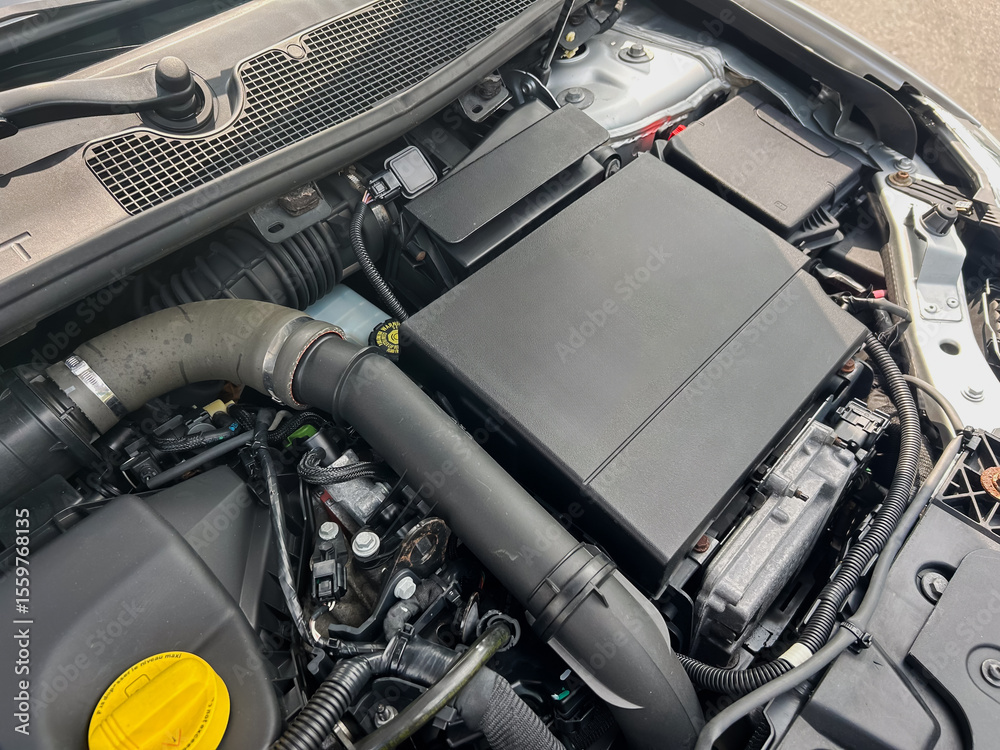 Obraz premium A closeup view of a modern automotive engine compartment, showcasing essential components like the air intake system and battery cover, highlighting its intricate design and functionality