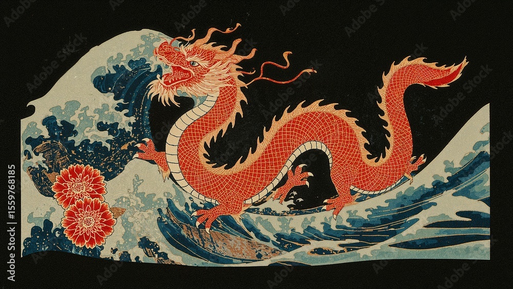 Fototapeta premium Crimson Dragon Emerging from Ocean Waves Japanese Art Print