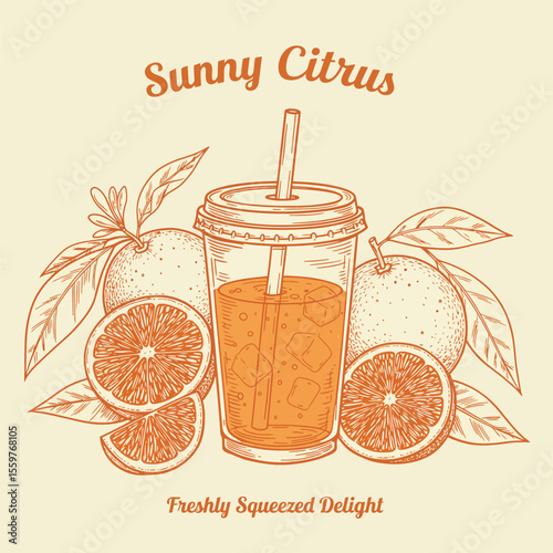 Vintage-style illustration of citrus fruits with iced drink, fresh and natural design for beverage branding