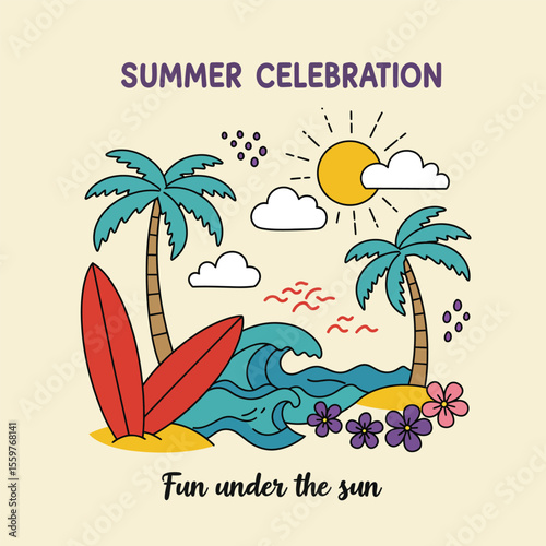 Vector illustration of summer celebration with palm tree, sun, and waves for festive design