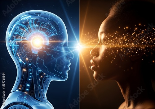 Ai intelligence meets human consciousness in a glowing futuristic conceptual image
