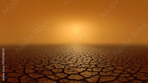 Ground level view of cracked desert plain under scorching heatwave shimmering air sunburnt terrain extreme temperature rise climate crisis visual distant mirage orange haze background 