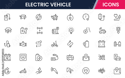 Electric vehicle web line icon collection, sleek, vector illustrations featuring stations, batteries, and eco-friendly symbols, perfect for sustainable tech designs.