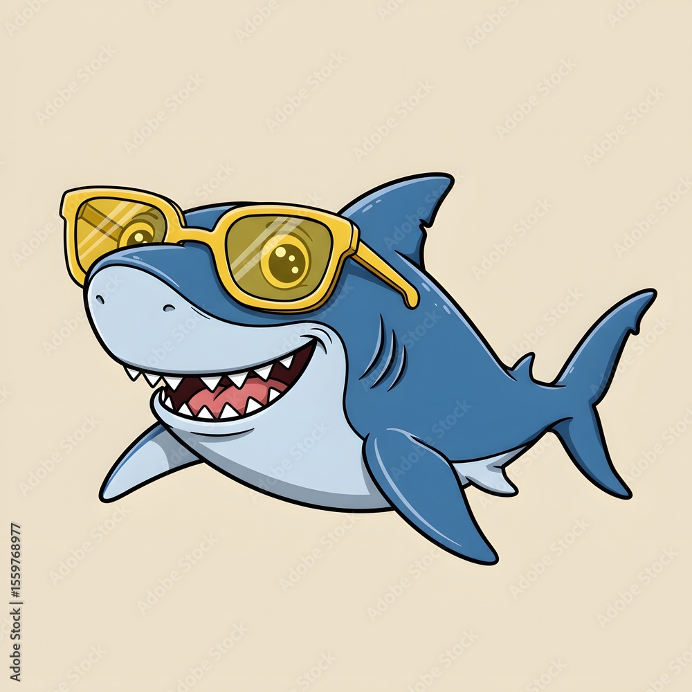 Obraz premium Cool Shark Wearing Sunglasses Summer Fun Cartoon Illustration