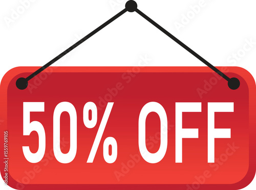 Red hanging sign showing 50% OFF discount in bold white letters. Perfect for sale announcements, marketing banners, or retail promotions. Clean, modern vector design for digital use.