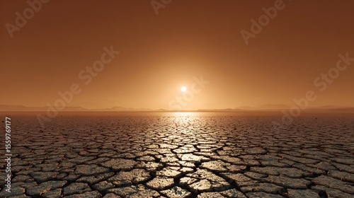 Ground level view of cracked desert plain under scorching heatwave shimmering air sunburnt terrain extreme temperature rise climate crisis visual distant mirage orange haze background 