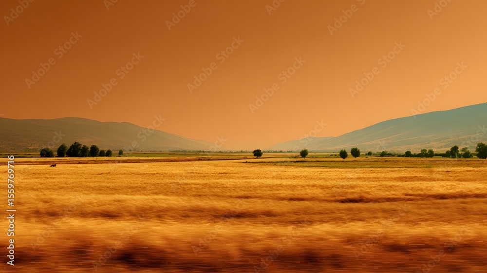 Obraz premium Human eye view of countryside landscape experiencing heatwave field yellowing distant hill blurred heat haze extreme summer temperature dry orange toned sky background transparent