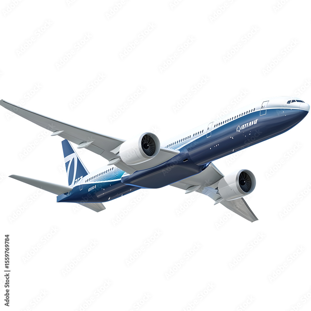 Obraz premium Modern boeing 777 jet airplane in flight isolated on transparent background