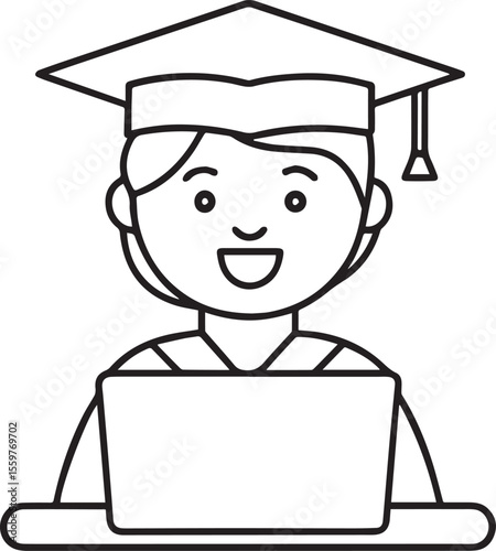 A graduating student in cap and gown achieves academic success with a laptop, symbolizing their degree and future online learning