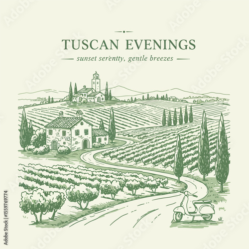 Vintage line drawing of Tuscan countryside with villas and cypress trees, rustic landscape for travel and lifestyle branding