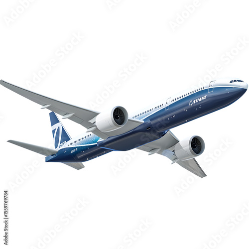 Modern boeing 777 jet airplane in flight isolated on transparent background